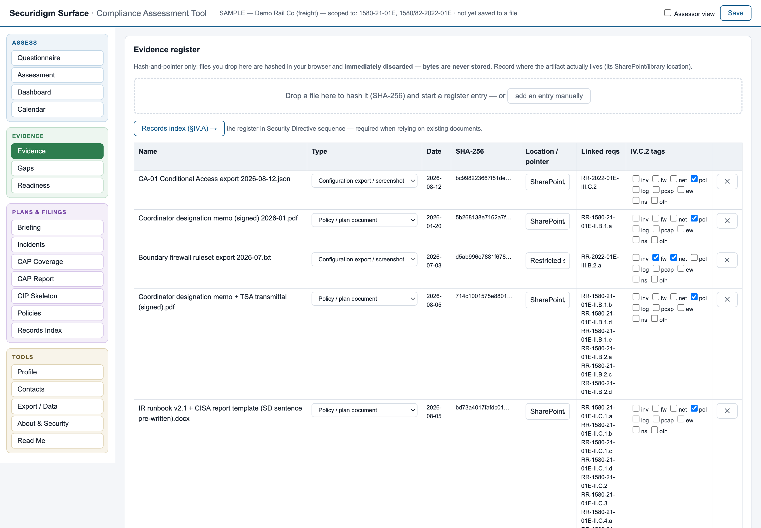 Evidence register with hashes and pointers