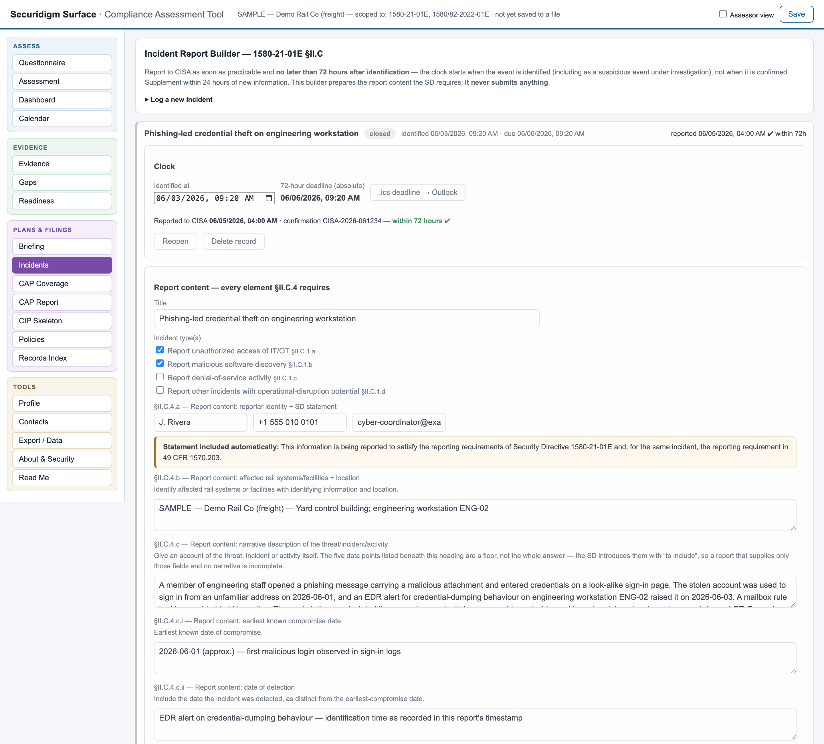 Incident report builder with the 72-hour clock