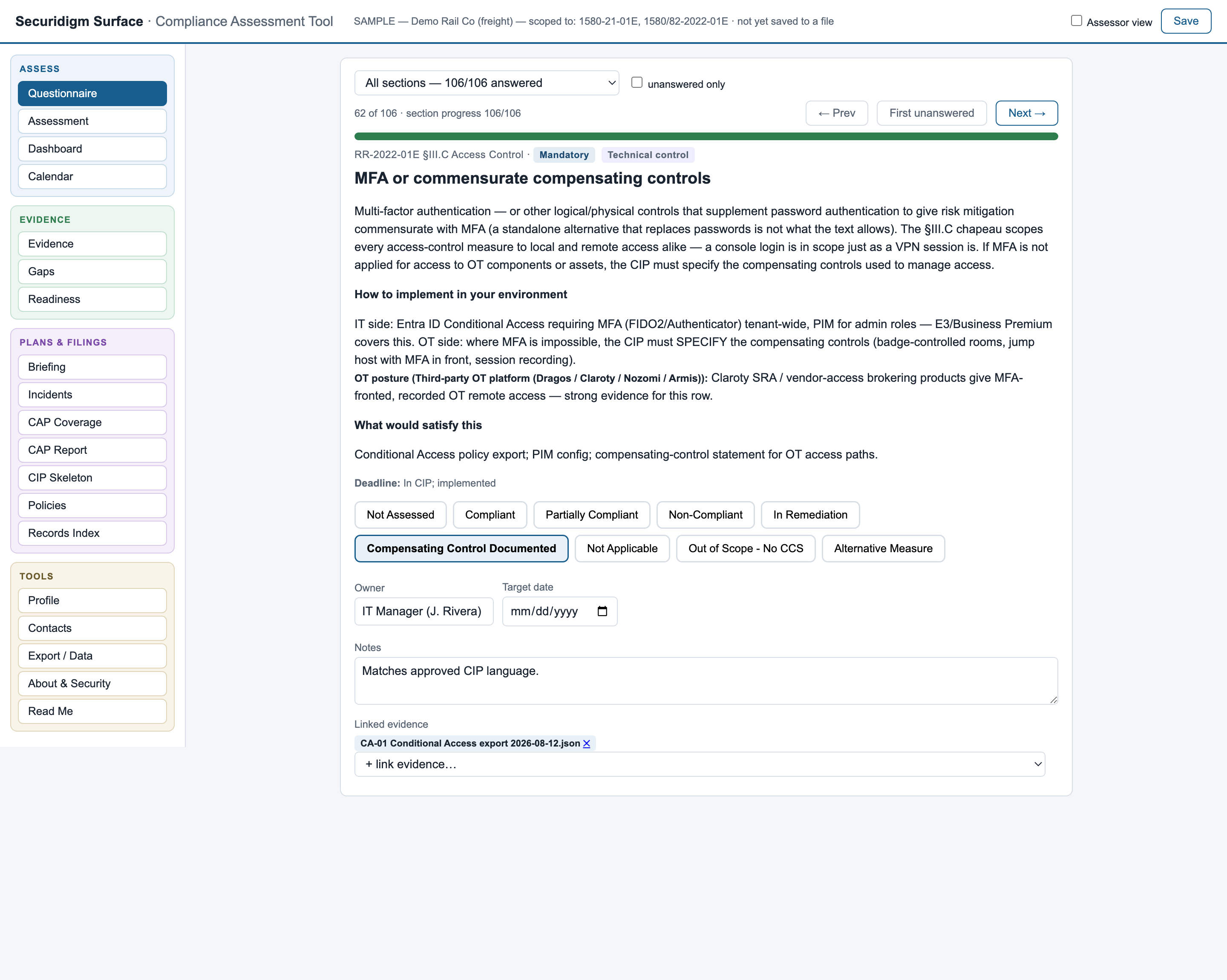Questionnaire, answered with evidence
